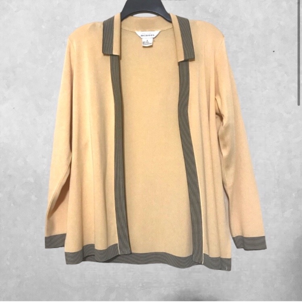 Misook Vintage Soft Yellow Open-Front Cardigan with Black Stripe Trim Size S